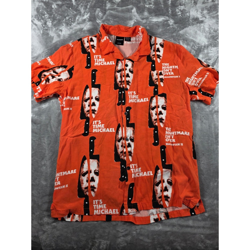 Mad Engine Halloween‎ II Michael Myers Shirt Mens Large Orange Button Down Rayon